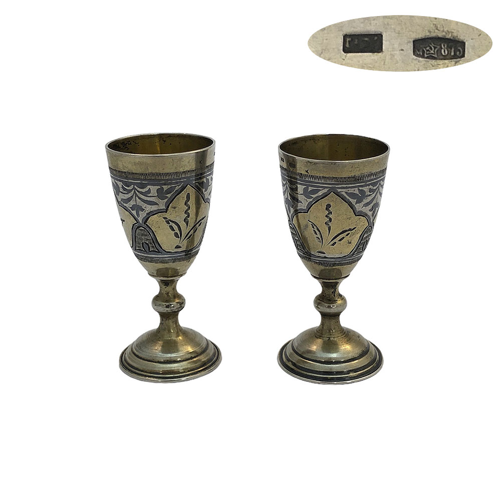 Pair of  Russian Niello Silver Gilt Shot Cups 1900